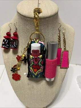 Gift Set Keychain Double Lip Balm Holder Purse Charm Pink Passion 2 prs Earrings